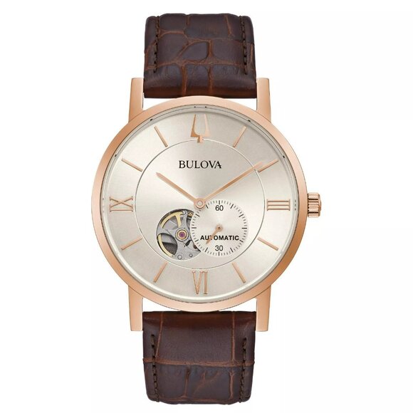 Bulova Men's Classic Automatic Skeleton Brown Leather Strap Watch - Picture 1 of 5